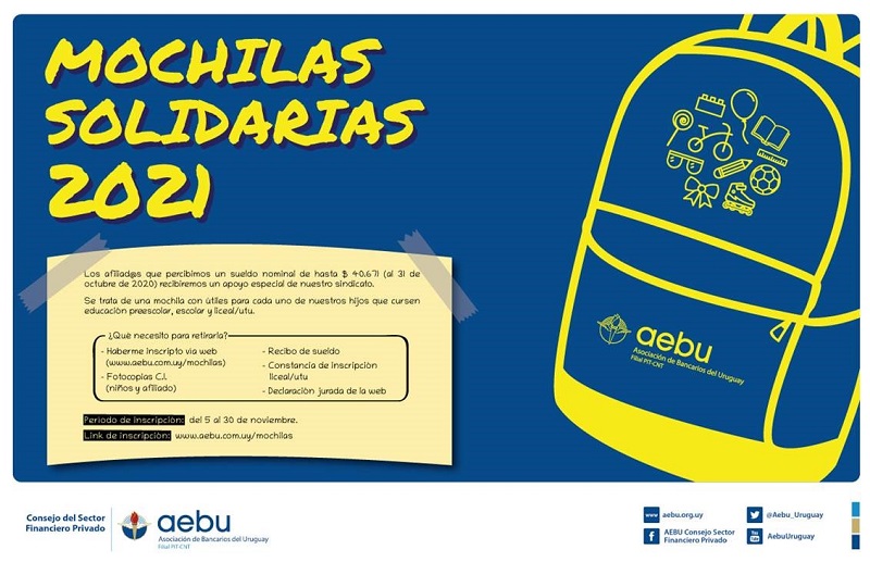Por sexto año AEBU entregará mochilas solidarias para hijos de afiliados
